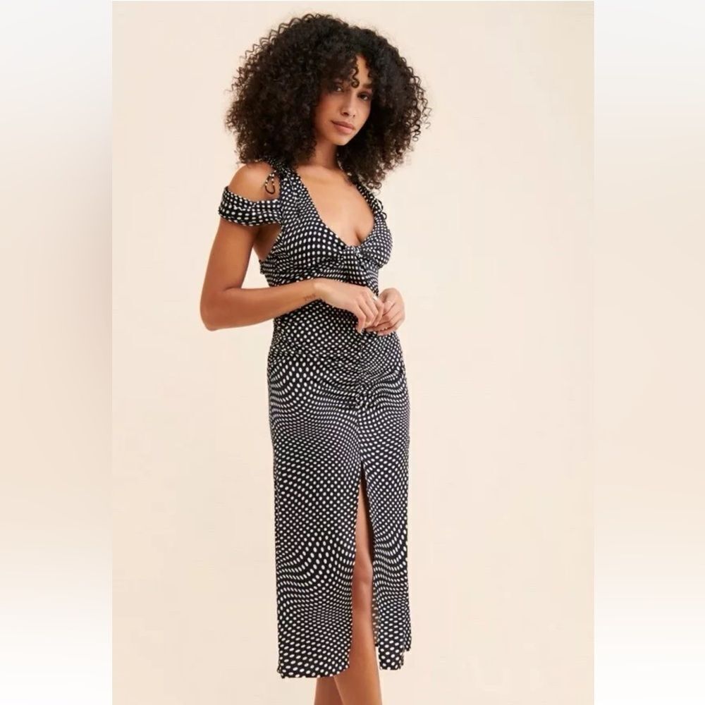 For Love and Lemons Black and White Polka Dot Ruched Midi Cocktail Dress| M